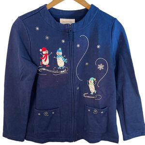 Vintage Christmas Sweater Jacket Zipper Front With Snowmen Size SP Granny